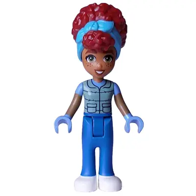 Friends Gabriela - Sand Green Vest over Medium Blue Shirt, Blue Trousers, White Shoes, Medium Azure Head Wrap