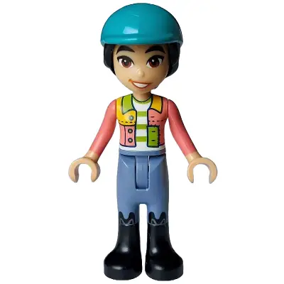 Friends Liann - Coral Patchwork Jacket, Sand Blue Trousers, Black Boots, Dark Turquoise Horse Riding Helmet