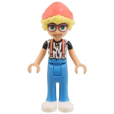Friends Olly - White Shirt with Black Stripes, Coral Suspenders, Dark Azure Trousers, White Shoes, Coral Hat