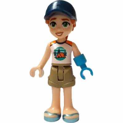 Friends Autumn - White and Orange Sleeveless Top with Tent, Dark Tan Shorts, Metallic Light Blue Sandals, Prosthetic Hand