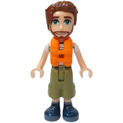 Friends Jonathan - White T-Shirt with Tent, Olive Green Cropped Trousers, Dark Blue Shoes, Orange Life Jacket