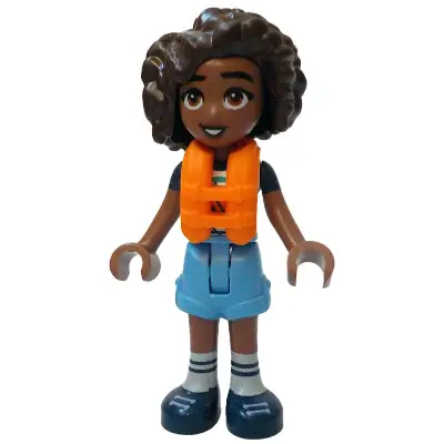 Friends Aliya - White T-Shirt with Tent, Medium Blue Shorts, Dark Blue Shoes, Orange Life Jacket