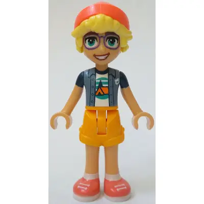 Friends Olly - Sand Blue Jacket over White T-Shirt with Tent, Bright Light Orange Shorts, Coral Shoes and Hat