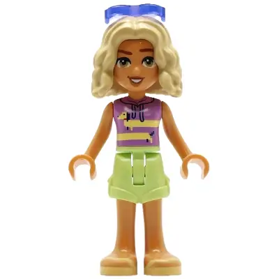 Friends Nova - Medium Lavender Sleeveless Hoodie with Dachshund, Yellowish Green Shorts, Bright Light Yellow Sandals, Glasses