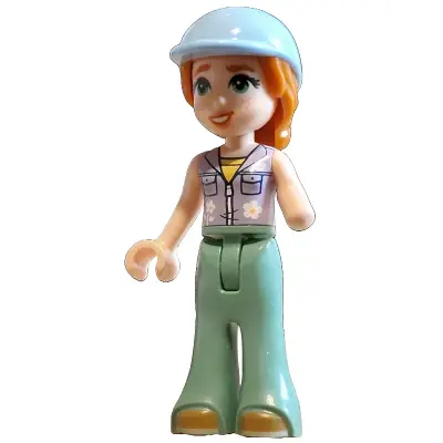 Friends Autumn - Lavender Sleeveless Jacket with Flowers, Sand Green Trousers Bell-Bottoms, Medium Nougat Shoes, Bright Light Blue Horse Riding Helmet