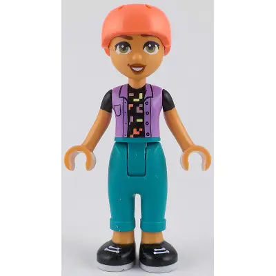 Friends Nova - Medium Lavender Vest over Black Shirt, Dark Turquoise Trousers, Coral Helmet