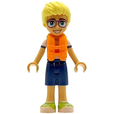 Friends Olly - White Shirt with Coral Scarf, Dark Blue Shorts, Lime Shoes, Orange Life Jacket