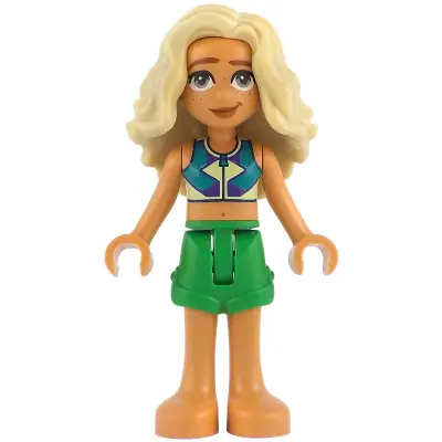 Friends Sage - Dark Turquoise, Yellowish Green and Dark Purple Sleeveless Top, Bright Green Shorts, Bare Feet