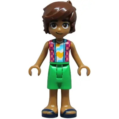 Friends Leo - Coral and Magenta Checkered Sleeveless Shirt, Bright Green Shorts, Dark Blue Sandals