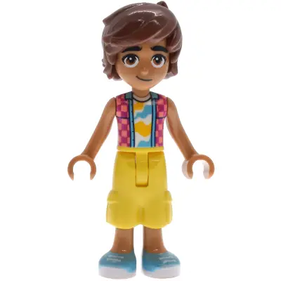 Friends Leo - Coral and Magenta Checkered Sleeveless Shirt, Yellow Cropped Trousers, Medium Azure Shoes