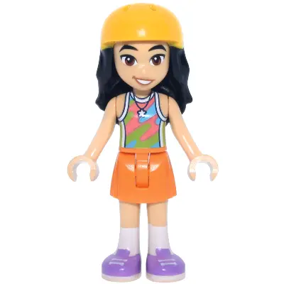Friends Liann - Lime, Coral and Medium Azure Tank Top, Orange Skirt, Medium Lavender Shoes, Bright Light Orange Helmet
