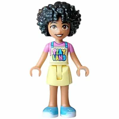 Friends Sonia - Bright Light Yellow 'PLAYLAND' Apron, Dark Pink T-Shirt, Medium Azure Shoes