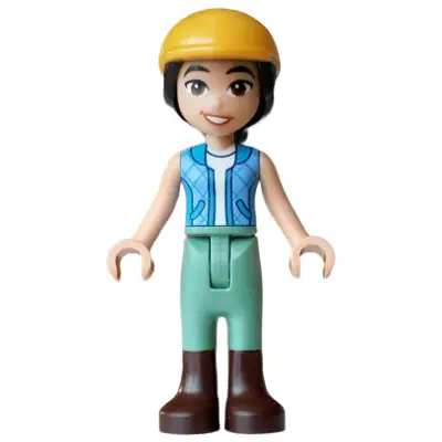 Friends Liann - Dark Azure and Bright Light Blue Vest over White Top, Sand Green Trousers, Dark Brown Boots, Bright Light Orange Horse Riding Helmet