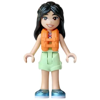 Friends Liann - Lime, Coral and Medium Azure Tank Top, Yellowish Green Shorts Folded Hem, Metallic Light Blue Shoes, Orange Life Jacket, Bright Pink Flower