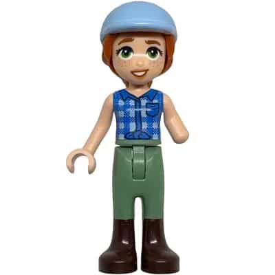 Friends Autumn - Blue Tied Flannel Vest, Sand Green Trousers, Dark Brown Boots, Bright Light Blue Horse Riding Helmet