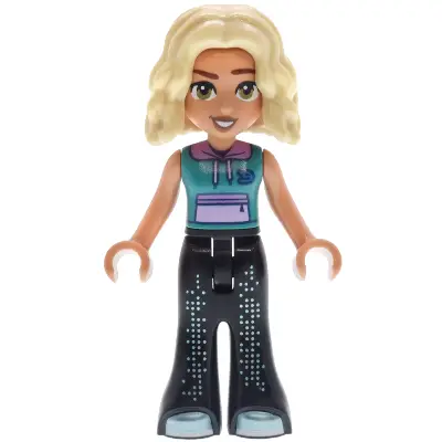 Friends Nova - Dark Turquoise Sleeveless Hoodie, Black Trousers Bell-Bottoms with Metallic Light Blue Shoes
