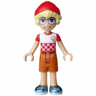 Friends Olly - White T-Shirt Checkered with Pizza Slice, Dark Orange Shorts, Metallic Light Blue Shoes, Red Hat