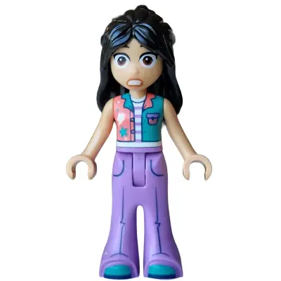 Friends Liann - Coral and Dark Turquoise Vest, Medium Lavender Trousers Bell-Bottoms, Dark Turquoise Shoes, Terrified
