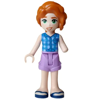 Friends Autumn - Blue Tied Flannel Vest, Medium Lavender Shorts Folded Hem, Dark Blue Sandals