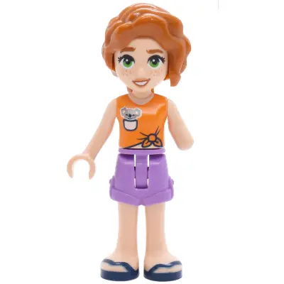 Friends Autumn - Orange Sleeveless Top, Medium Lavender Shorts Folded Hem, Dark Blue Sandals