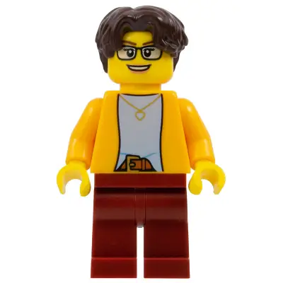 Woman - Bright Light Orange Jacket over Light Bluish Gray Shirt, Dark Red Legs, Dark Brown Short Wavy Hair, Glasses