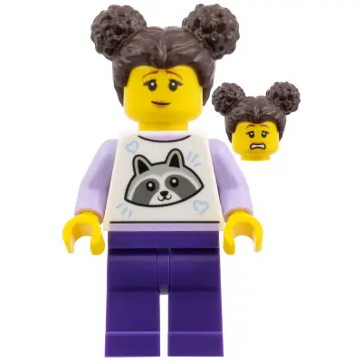 Woman - Dark Brown Buns, Raccoon Shirt, Dark Purple Legs