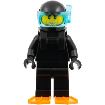 Diver - Male, Black Wetsuit, Trans-Light Blue Visor, Orange Flippers