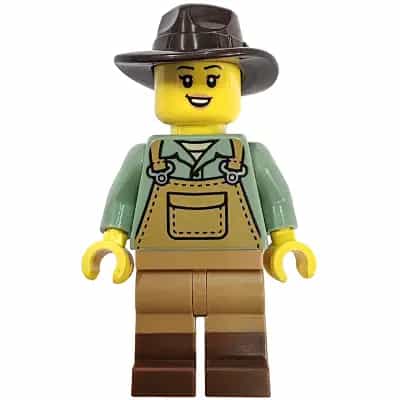 Mine Cart Driver - Female, Medium Nougat Overalls over Sand Green Shirt, Reddish Brown Boots, Dark Brown Fedora