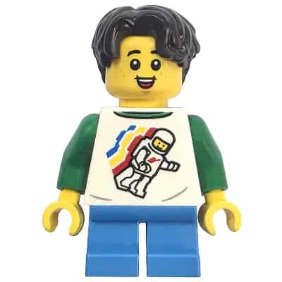 Child - Boy, Classic Space Shirt with Minifigure Floating and Back Print, Dark Azure Short Legs, Dark Brown Hair Short Wavy, Parted on Right, Freckles and Chin Dimple, Open Mouth Smile with Top Teeth