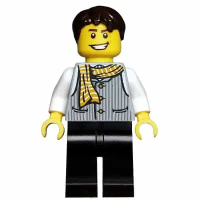 Striped Vest with Yellow Striped Scarf, Black Legs, Dark Brown Tousled Hair
