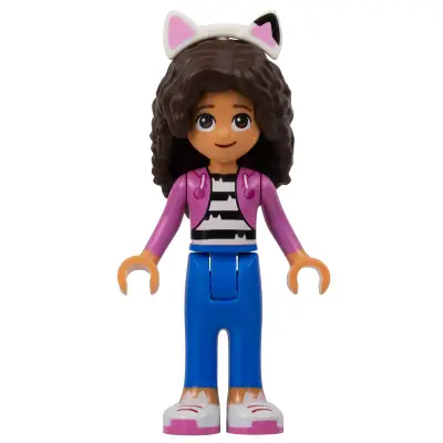 Gabby - Dark Pink Jacket over Black and White Striped Shirt, Blue Trousers