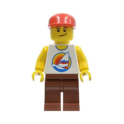 Surfboard on Ocean - Reddish Brown Legs, Red Cap