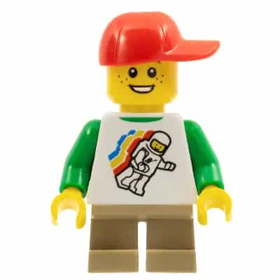 Classic Space Minifigure Floating Pattern, Short Dark Tan Legs, Red Short Bill Cap with Seams