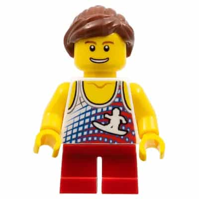 Tank Top with Surfer Silhouette, Red Short Legs, Reddish Brown Ponytail and Swept Sideways Fringe