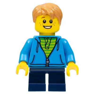 Boy, Dark Azure Hoodie with Green Striped Shirt, Dark Blue Short Legs, Freckles, Medium Nougat Hair