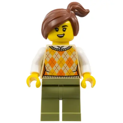 Corner Kiosk Customer - Female, Tan Knit Argyle Sweater Vest, Olive Green Legs, Reddish Brown Side Ponytail