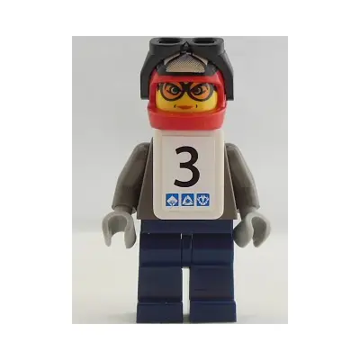 Snowboarder, Dark Gray Shirt, Dark Blue Legs, White Vest, Number 3 Sticker on Both Sides