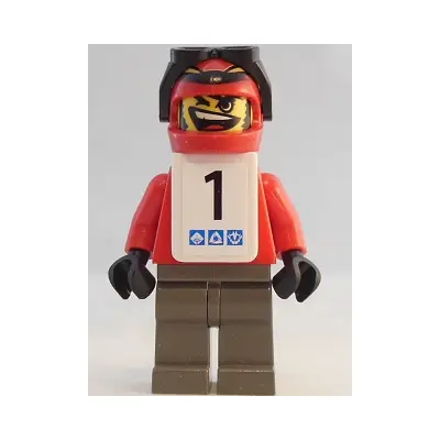 Snowboarder, Red Shirt, Dark Gray Legs, White Vest, Number 1 Sticker on Both Sides