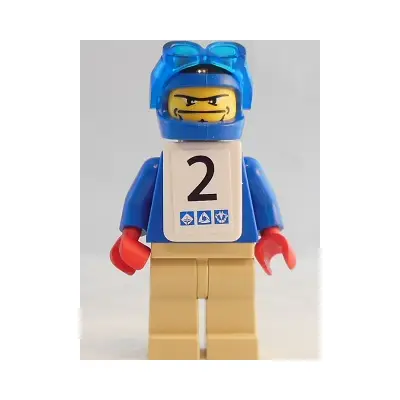 Snowboarder, Blue Shirt, Tan Legs, White Vest, Number 2 Sticker on Both Sides