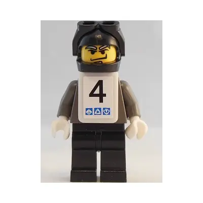 Snowboarder, Dark Gray Shirt, Black Legs, Black Helmet, White Vest, Number 4 Sticker on Both Sides