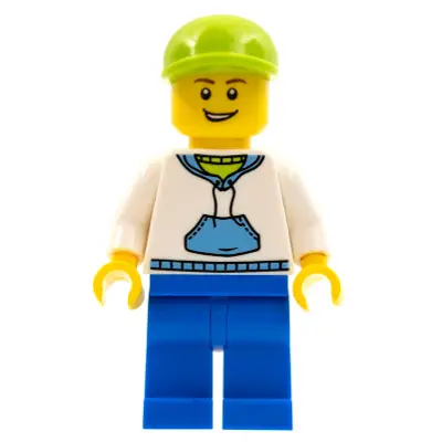 White Hoodie with Medium Blue Pocket, Blue Legs, Lime Short Bill Cap