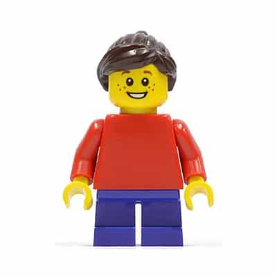 Plain Red Torso with Red Arms, Dark Purple Short Legs, Dark Brown Ponytail and Swept Sideways Fringe