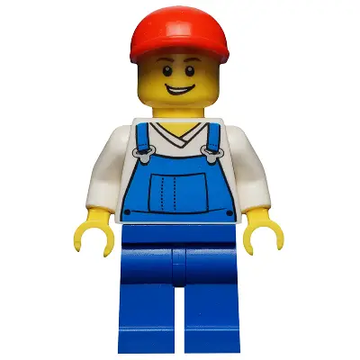 Overalls Blue over V-Neck Shirt, Blue Legs, Red Short Bill Cap, Open Grin