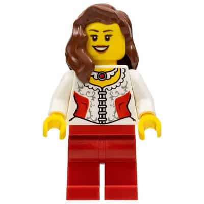 White Lace Blouse with Red Side Panels and Ruby Necklace, Red Legs, Reddish Brown Female Hair over Shoulder, Black Eyebrows