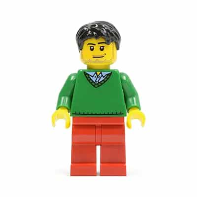 Green V-Neck Sweater, Red Legs, Black Short Tousled Hair, Smirk and Stubble Beard