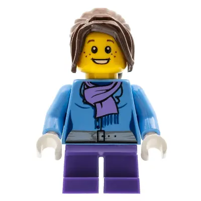 Medium Blue Jacket with Light Purple Scarf, Dark Purple Short Legs, Dark Brown Hair Ponytail Long with Side Bangs