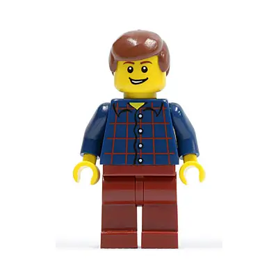 Plaid Button Shirt, Dark Red Legs, Reddish Brown Male Hair, Lopsided Grin with Teeth