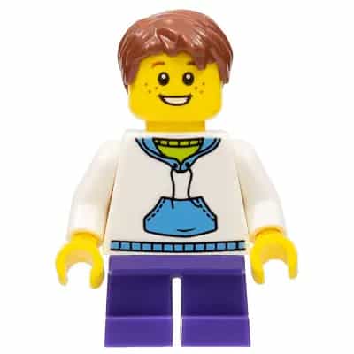 Child - Boy, White Hoodie with Medium Blue Pocket, Dark Purple Short Legs, Reddish Brown Hair, Freckles
