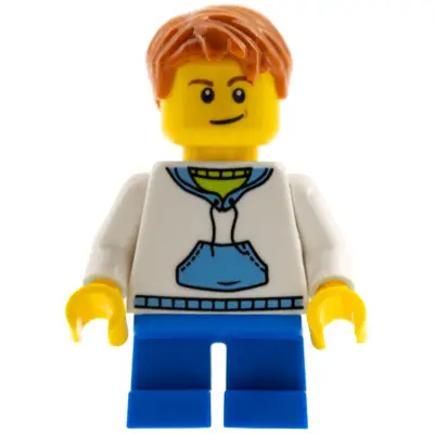Child - Boy, White Hoodie with Medium Blue Pocket, Blue Short Legs, Dark Orange Hair, Medium Nougat Dimple
