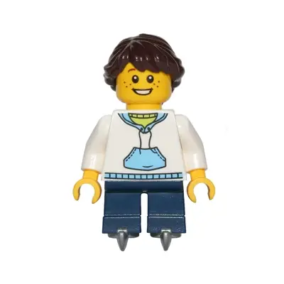 Child - Girl, White Hoodie with Medium Blue Pocket, Dark Blue Short Legs, Dark Brown Braided Ponytail Hair, Ice Skates, Freckles